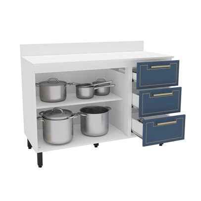 Balcão de Cozinha Amara 120 Cm 2 Portas 3 Gavetas Branco/Azul - Politorno