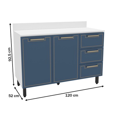 Balcão de Cozinha Amara 120 Cm 2 Portas 3 Gavetas Branco/Azul - Politorno