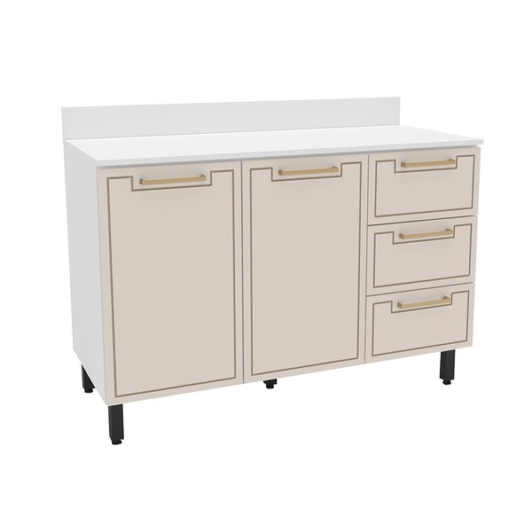 Balcão de Cozinha Amara 120 Cm 2 Portas 3 Gavetas Branco/Creme - Politorno