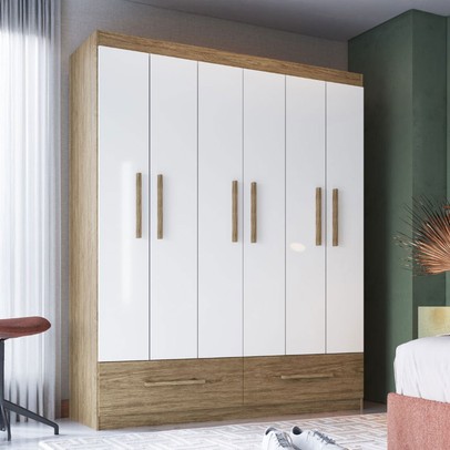 Guarda-Roupa Casal 6 Portas 2 Gavetas Wood/Branco Brilho - Decibal