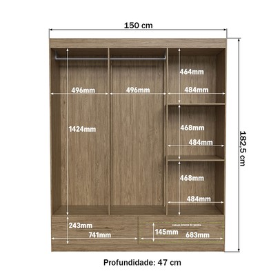 Guarda-Roupa Casal 6 Portas 2 Gavetas Wood/Branco Brilho - Decibal