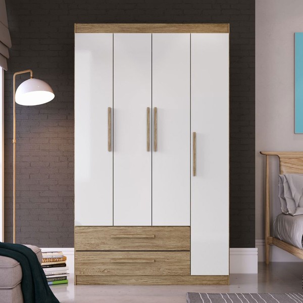 Guarda-Roupa Solteiro 4 Portas 2 Gavetas Wood/Branco Brilho - Decibal