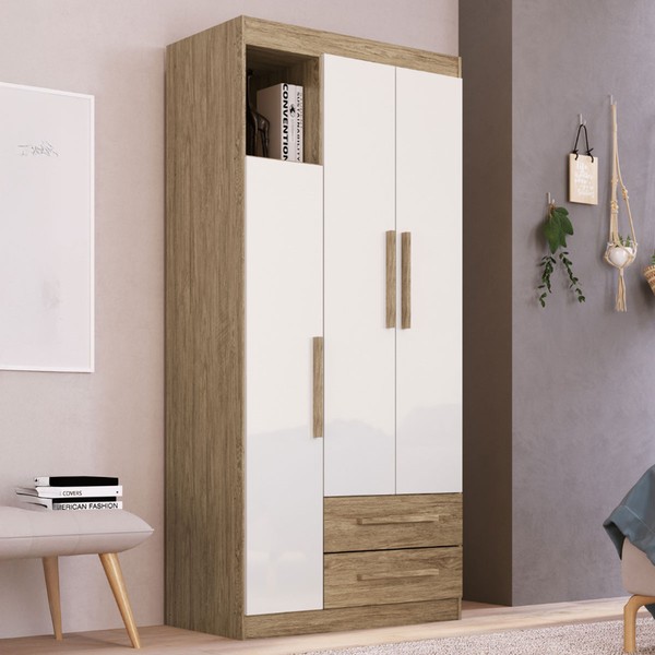 Guarda-Roupa Solteiro 3 Portas 2 Gavetas Wood/Branco Brilho - Decibal