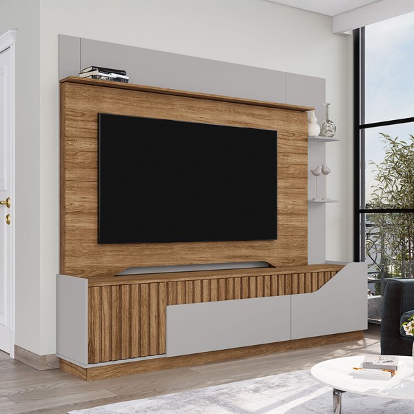 Estante para TV Até 75 Polegadas Dallas 2 Portas 1 Gaveta Ripado Off White/Cinamomo - Móveis Bechara