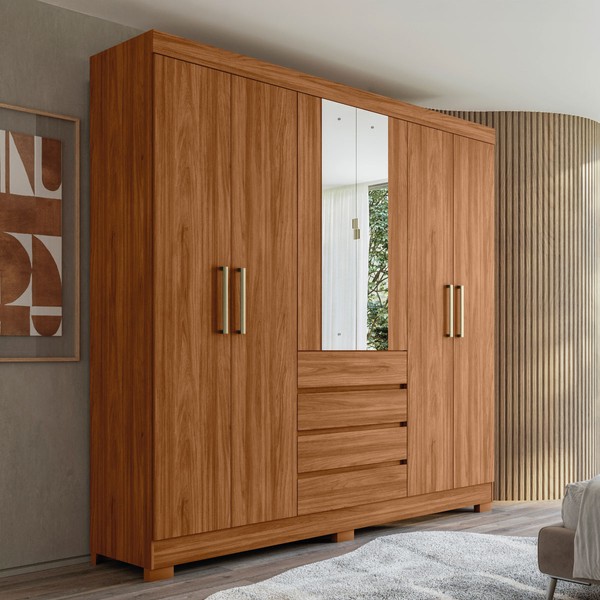 Guarda-Roupa Casal ópera 6 Portas 4 Gavetas com Espelho Nogueira Touch - Demóbile