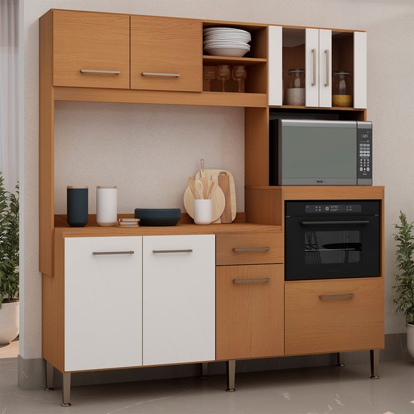 Cozinha Compacta Helena 8 Portas 1 Gaveta com Vidro Freijó/Off White Laca - Genialflex