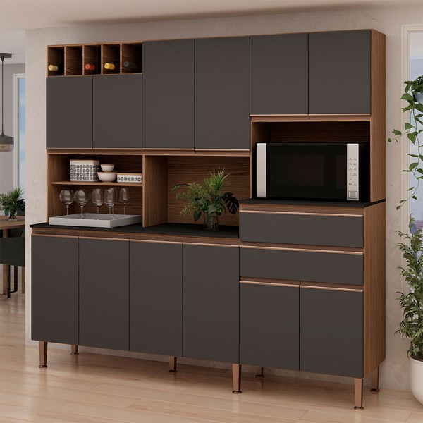 Cozinha Compacta Malbec Prime 12 Portas 2 Gavetas 100% Mdf ébano/Grafite Belga - Genialflex