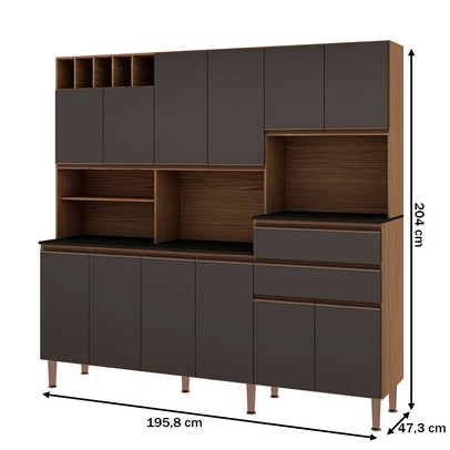 Cozinha Compacta Malbec Prime 12 Portas 2 Gavetas 100% Mdf ébano/Grafite Belga - Genialflex