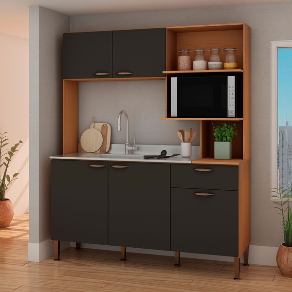 Cozinha Compacta Bella 5 Portas 1 Gavetas Freijó/Grafite Belga - Genialflex