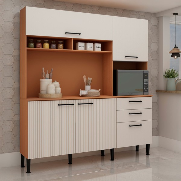 Cozinha Compacta Fiore 4 Portas 3 Gavetas 100% Mdf Freijó/Off White - Genialflex