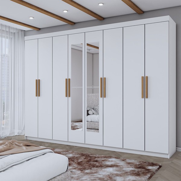 Guarda-Roupa Casal Aurora 8 Portas 4 Gavetas com Espelho Branco Neve - Panorama Móveis