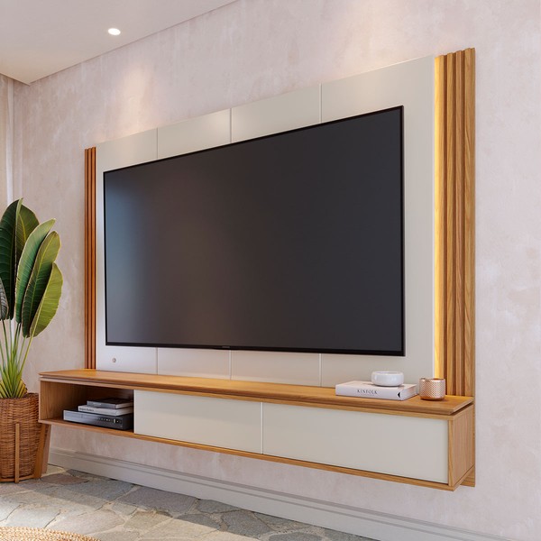 Painel para TV Até 75 Polegadas Loa 2 Portas Ripado com Led Off White Matte/Freijó - Colibri