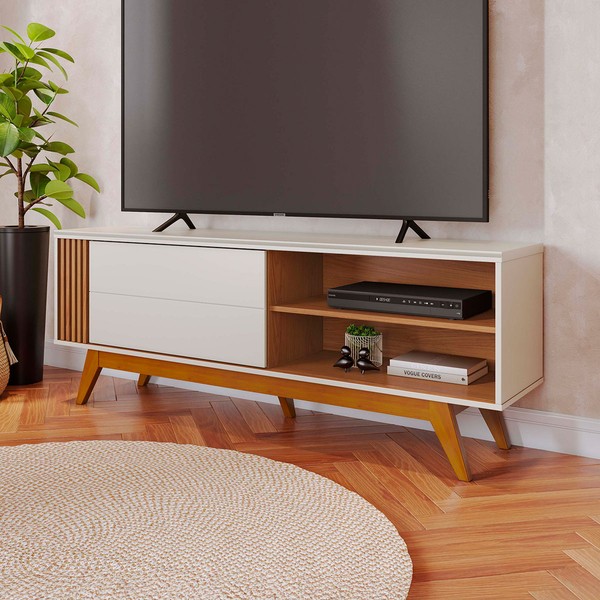 Rack para TV Até 60 Polegadas Otawa 1 Porta Ripado Off White Matte/Freijó - Colibri