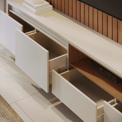 Estante para TV Até 82 Polegadas Cancun 4 Gavetas com Led Ripado Freijó/Off White Matte - Colibri