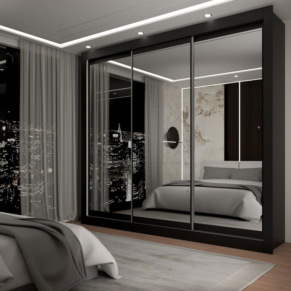 Guarda-Roupa Casal Del Plata 3 Portas 4 Gavetas Espelhado Preto - Panorama Móveis