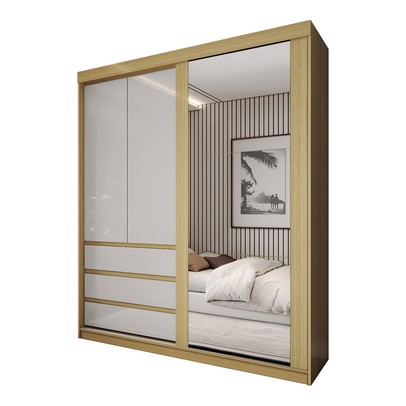 Guarda-Roupa Solteiro Rosário 100% Mdf 3 Portas 3 Gavetas com Espelho Castanho/Off White - Panorama Móveis