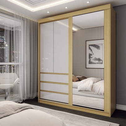 Guarda-Roupa Solteiro Rosário 100% Mdf 3 Portas 3 Gavetas com Espelho Castanho/Off White - Panorama Móveis