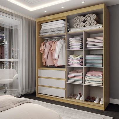 Guarda-Roupa Solteiro Rosário 100% Mdf 3 Portas 3 Gavetas com Espelho Castanho/Off White - Panorama Móveis