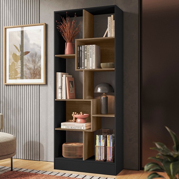 Estante para Livros 8 Prateleiras Preto/Carvalho Rústico - Qmovi