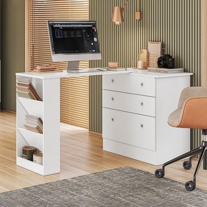 Cômoda 3 Gavetas com Mesa Giratória Branco - Qmovi