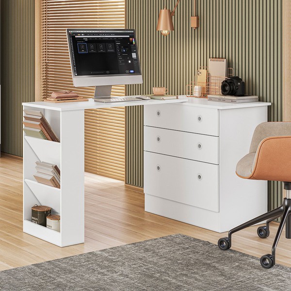 Cômoda 3 Gavetas com Mesa Giratória Branco - Qmovi