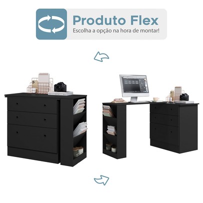 Cômoda 3 Gavetas com Mesa Giratória Preto - Qmovi