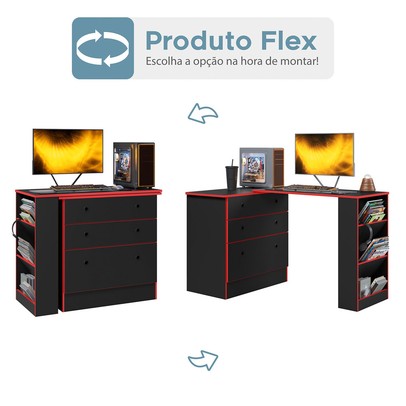 Cômoda 3 Gavetas com Mesa Giratória Preto/Vermelho - Qmovi