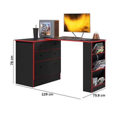 Cômoda 3 Gavetas com Mesa Giratória Preto/Vermelho - Qmovi