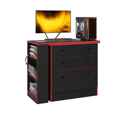 Cômoda 3 Gavetas com Mesa Giratória Preto/Vermelho - Qmovi