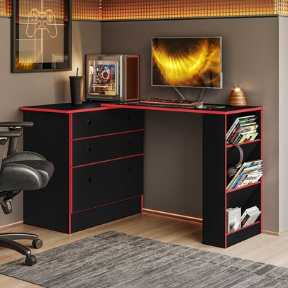 Cômoda 3 Gavetas com Mesa Giratória Preto/Vermelho - Qmovi