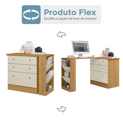 Cômoda 3 Gavetas com Mesa Giratória Freijo/Off White - Qmovi