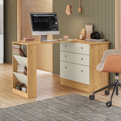 Cômoda 3 Gavetas com Mesa Giratória Freijo/Off White - Qmovi