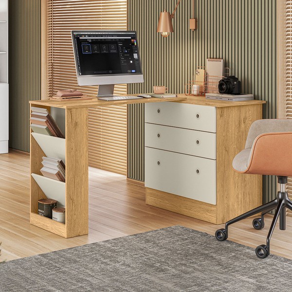 Cômoda 3 Gavetas com Mesa Giratória Freijo/Off White - Qmovi