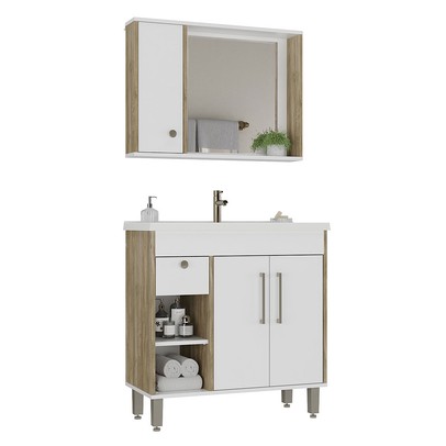 Armário de Banheiro Patina 3 Portas 1 Gaveta com Cuba Branco/Carvalho Cartagena - Ozini Móveis