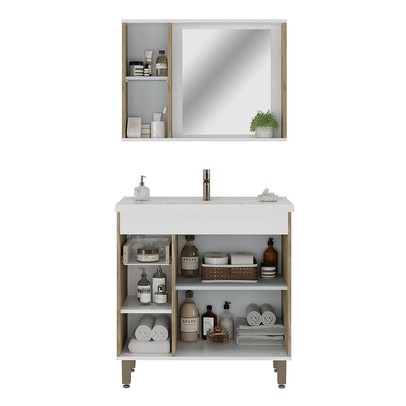 Armário de Banheiro Patina 3 Portas 1 Gaveta com Cuba Branco/Carvalho Cartagena - Ozini Móveis