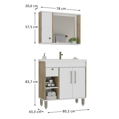 Armário de Banheiro Patina 3 Portas 1 Gaveta com Cuba Branco/Carvalho Cartagena - Ozini Móveis
