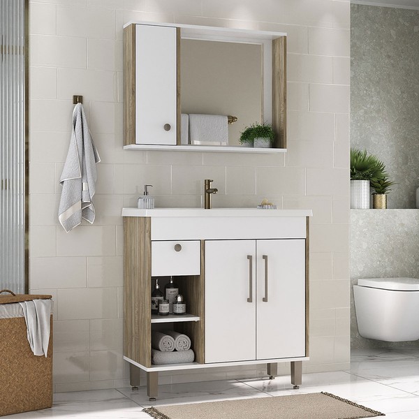 Armário de Banheiro Patina 3 Portas 1 Gaveta com Cuba Branco/Carvalho Cartagena - Ozini Móveis