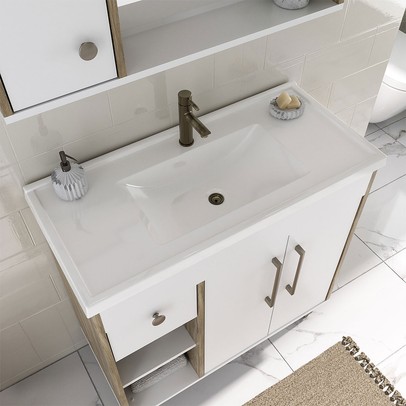 Armário de Banheiro Patina 3 Portas 1 Gaveta com Cuba Branco/Carvalho Cartagena - Ozini Móveis