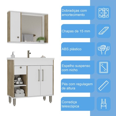 Armário de Banheiro Patina 3 Portas 1 Gaveta com Cuba Branco/Carvalho Cartagena - Ozini Móveis