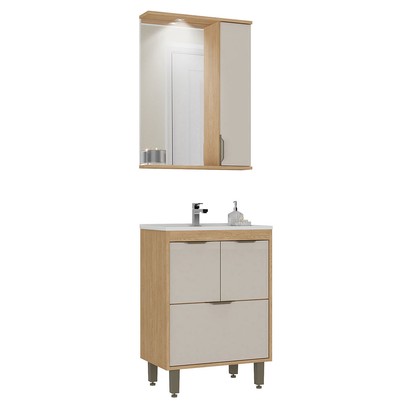 Armário de Banheiro Malibu 4 Portas com Cuba 64012-B Carvalho Nature/Arenas- Ozini Móveis