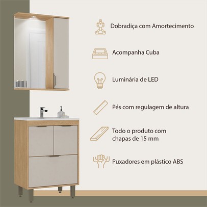 Armário de Banheiro Malibu 4 Portas com Cuba 64012-B Carvalho Nature/Arenas- Ozini Móveis