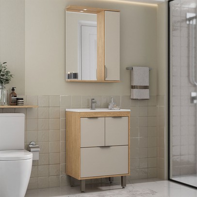 Armário de Banheiro Malibu 4 Portas com Cuba 64012-B Carvalho Nature/Arenas- Ozini Móveis