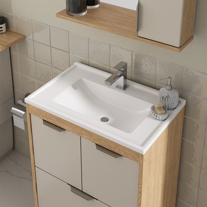 Armário de Banheiro Malibu 4 Portas com Cuba 64012-B Carvalho Nature/Arenas- Ozini Móveis