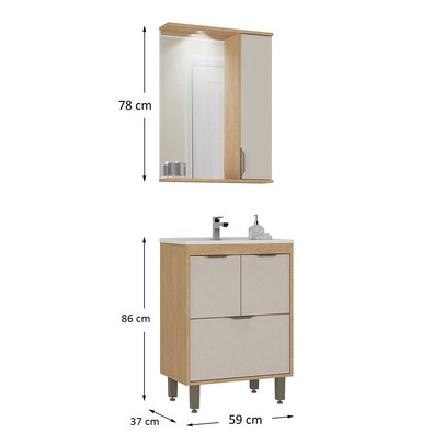 Armário de Banheiro Malibu 4 Portas com Cuba 64012-B Carvalho Nature/Arenas- Ozini Móveis