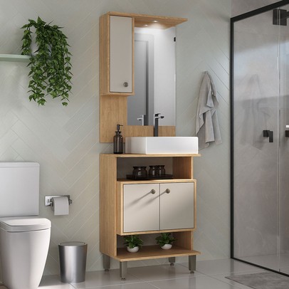 Armário de Banheiro Berlin 3 Portas com Cuba Carvalho Nature/Arenas - Ozini Móveis