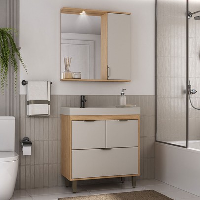 Armário de Banheiro Malibu 4 Portas com Cuba 84012 Carvalho Nature/Arenas - Ozini Móveis