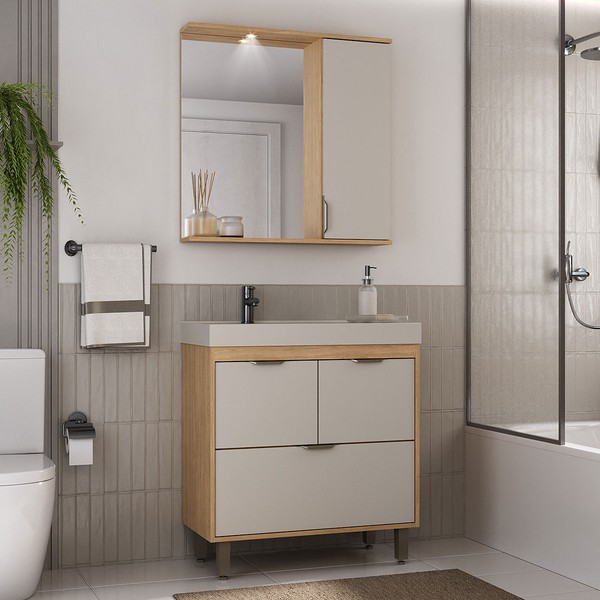 Armário de Banheiro Malibu 4 Portas com Cuba 84012 Carvalho Nature/Arenas - Ozini Móveis