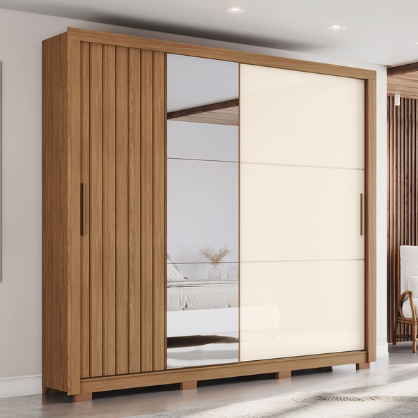 Guarda-Roupa Casal Vasti 2 Portas 4 Gavetas Ripado com Espelho Nature/Off White - Henn