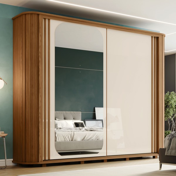 Guarda-Roupa Casal Mozzate 2 Portas 6 Gavetas Ripado com Espelho Flex Nature/Off White/Preto Hp - Henn