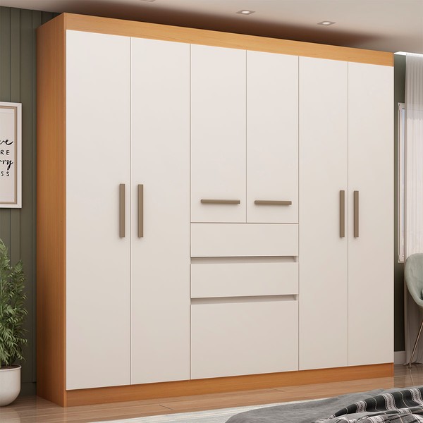 Guarda-Roupa Solteiro Berna 6 Portas 3 Gavetas Freijó/Off White Laca - Genialflex